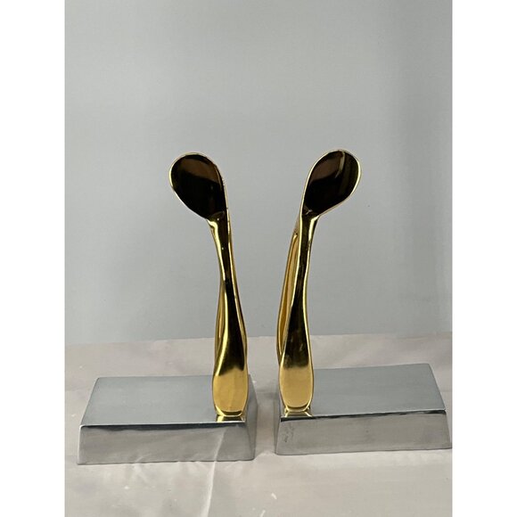 Vintage Nima Oberoi Lunares Wishbone Modern Gold & Silver Tone Abstract Bookends - Picture 10 of 10